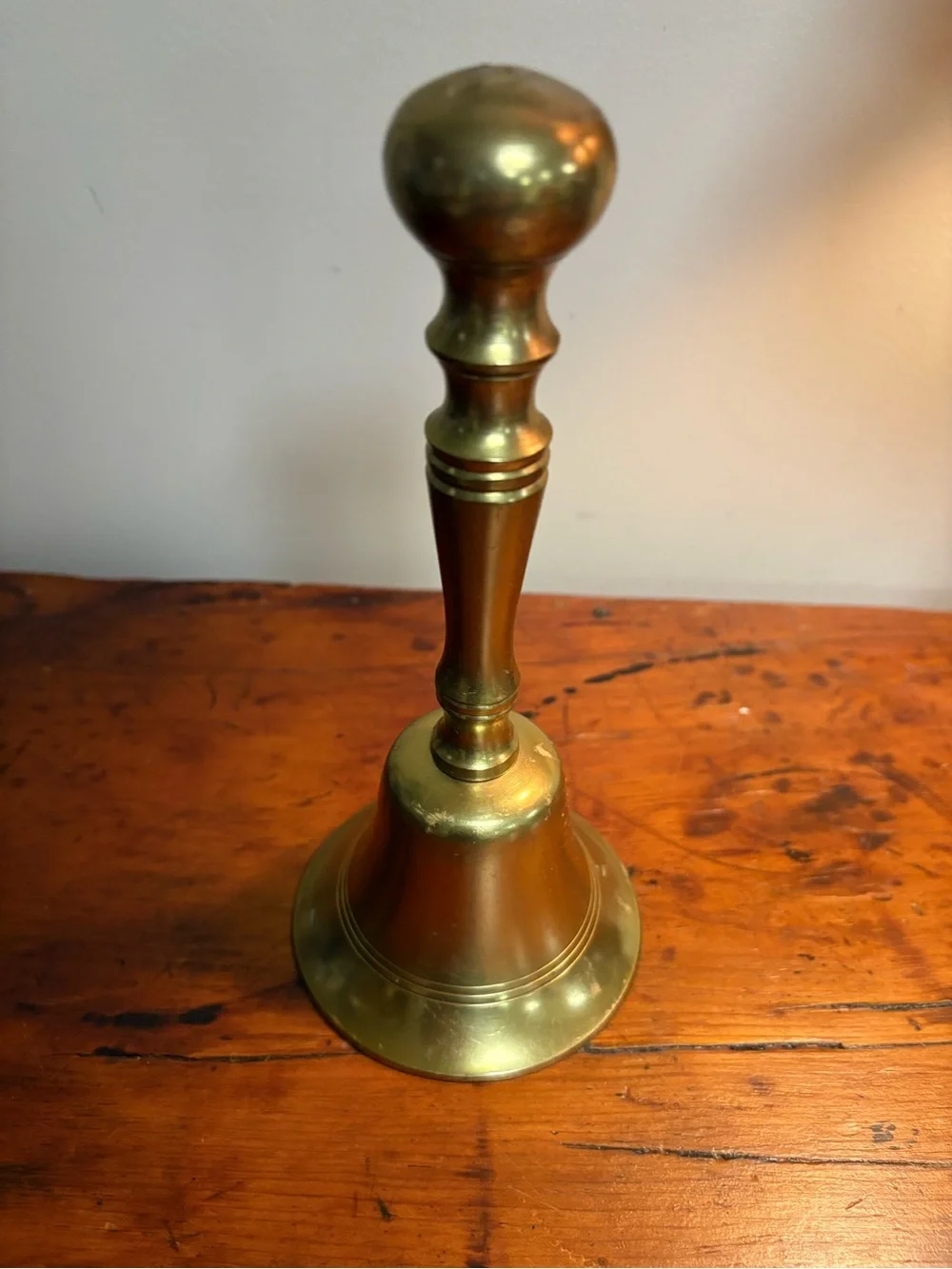 Vintage Brass Hand Bell - Polished Gold Tone 8” Rustic Charm Collectible